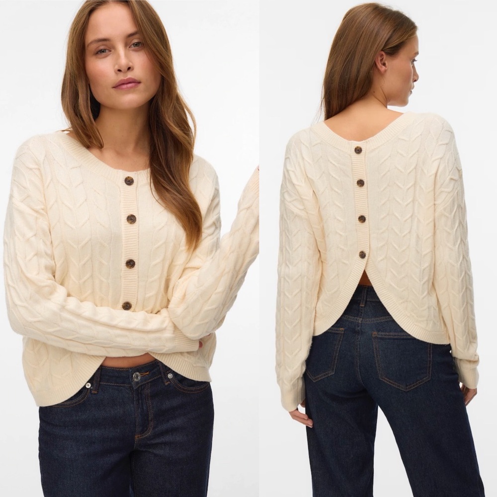 Vero Moda Off White Regular Fit Self Pattern Cream Cable Knit Sweater/Cardigan